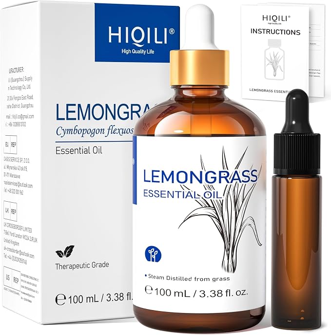HIQILI Lemongrass Essential Oil for Diffuser, Outdoor Protection | Freshen Bathroom Kitchen Odor, and Use for Protective Spray, Ideal for Home Freshening & Outdoor Use -100mL / 3.38 fl oz