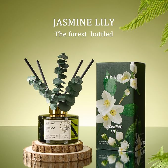 Reed Diffuser Set with 6.76 fl oz Jasmine Lily Scent Essential Oils and 3 Leaves & 8 Diffuser Sticks,Bathroom Shelf Decor & Air Freshener, House Bedroom Office Decor & Gifts