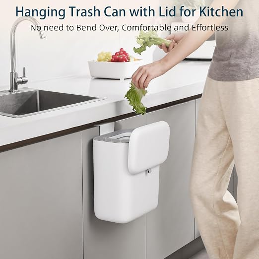 MUEE Hanging Trash Can with Lid for Kitchen, Garbage Can 1.8 Gal/6.8L | Food Waste Bin for Counter Top or Under Sink, Mountable Garbage Can for Cupboard/Bathroom/Bedroom/Office/RV, Matte White