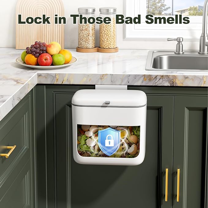 CTIME Compost Bin Kitchen 1.8 Gallon, Hanging Small Trash Can | for Countertop or Under Sink, Indoor Food Waste Bin for Kitchens Bathrooms Living Rooms RVs Bedroom