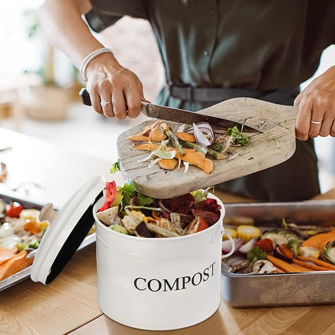 AVLA Compost Bin Kitchen Countertop, 1 Gallon Composter Pail, Food Waste Composting Bucket, Odorless Trash Keeper Container, White Scraps Caddy with Charcoal Filter, Carrying Handle, Lid