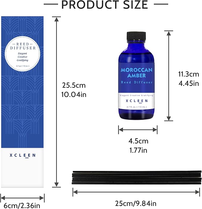 Xcleen Reed Oil Diffuser Set, Fragrance Diffuser - Floral Notes, Vanilla, Cinnamon & Amber, Includes 6 Rattan Scented Sticks Diffuser Reeds, Home & Office Decor, 110ml/3.7oz
