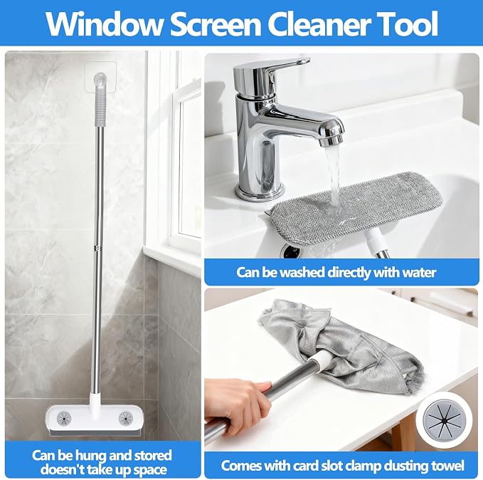 Window Screen Cleaner & Track Cleaning Kit Tool,7 Pcs | Mesh Screen Cleaner Brush with Extension Pole,Window Sill Cleaner Tools Washing Equipment,28″Detachable Long-Reach Handle