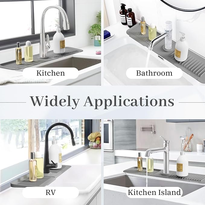 PoYang 24 Inch Faucet Mat for Kitchen Sink Splash Guard Behind Faucet, Sink Protectors for Kitchen Sink Faucet Mat Splash Guard for Kitchen Sink Area, Longer Silicone Faucet Guard & Draining Mat, Grey