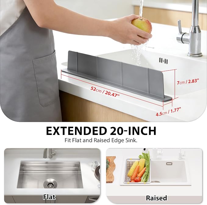 20Inch Silicone Sink Splash Guard with Strong Suction Cups, Flexible Kitchen Sink Splash Guard for Front of Sink, Easy to Clean Splash Guard for Kitchen & Bathroom (Dark Grey, 20.5''x2.8'')