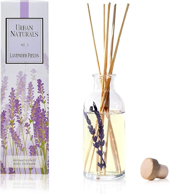 Reed Diffuser Set, Lavender Fields - Bathroom Shelf Décor | Real Lavender Stems French Blossoms, Geranium & Clary Sage, for Aromatherapy & Stress Relief, Vegan
