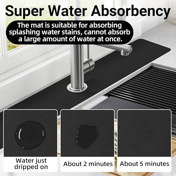 LOPNUR Faucet Mat for Kitchen Sink Cuttable, 29 Inch Extra Long Sink Splash Guard Behind Faucet, Super Absorbent Diatomite Sink Protector Mat, Bathroom Water Splash Guard Fast Dry, Easy to Cut, Black