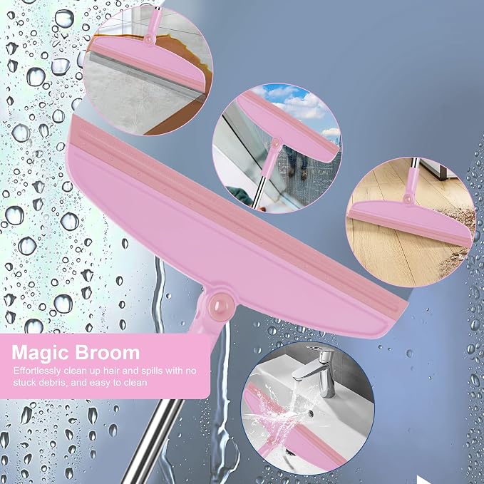 Broom and Dustpan Combo Set, 52" Long Handle with Squeegee & Mini Set | Pink Complete Cleaning Kit, Built-in Comb Dustpan, Floor Squeegee for Wet & Dry Messes, Mini Broom Set，for Home & Pet Areas