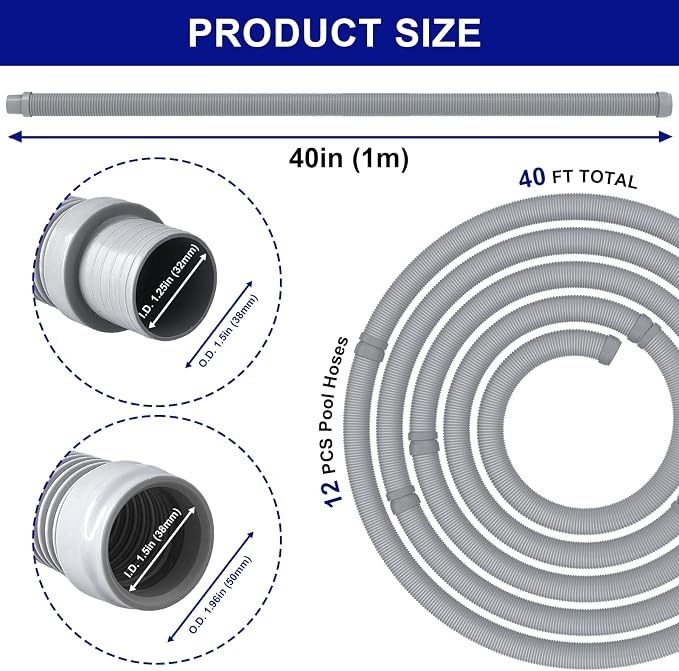 Poolvio Pool Vacuum Hose 40 Feet (12 x 40 Inch), 1.5 Inch Cuffs, Compatible with Most Inground Pool Automatic Cleaners, Gray