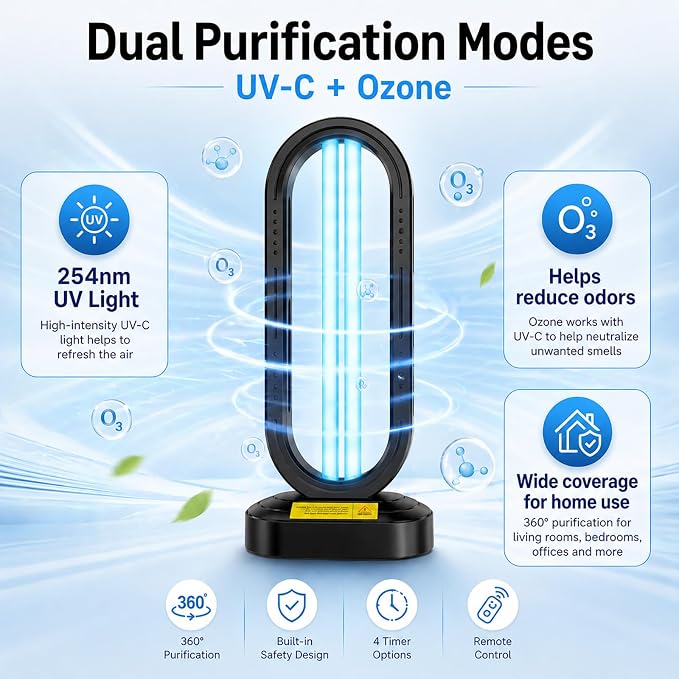Feefir UV Light Sanitizer,UVC Home Disinfection Device,Portable UV Lamp | 4-Speed Timing and Remote Control ,Ultraviolet Light Sanitizer Effectively Mold Remover and Dust Mites,for Whole Room,Black