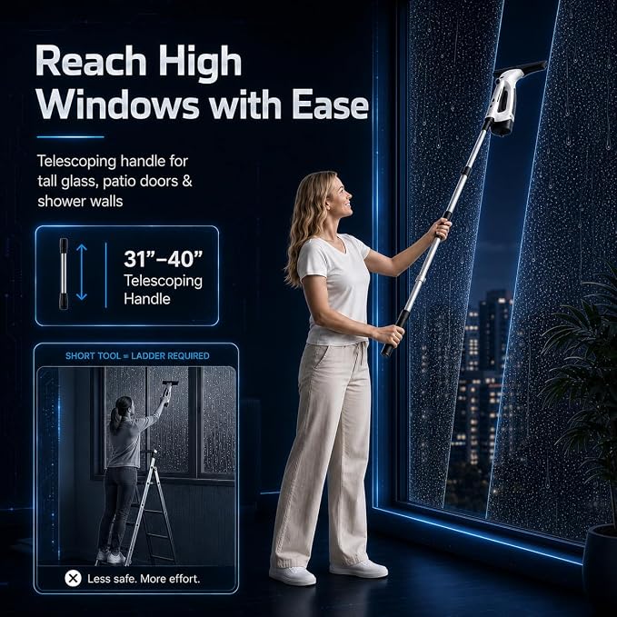 Window Vacuum Squeegee with Long Handle, Cordless Window Vacuum Cleaner, Electric Window Cleaner and Shower Glass Cleaner for Mirrors, High Windows, Tiles, Car Windows, 3000Pa, Type-C(Black)