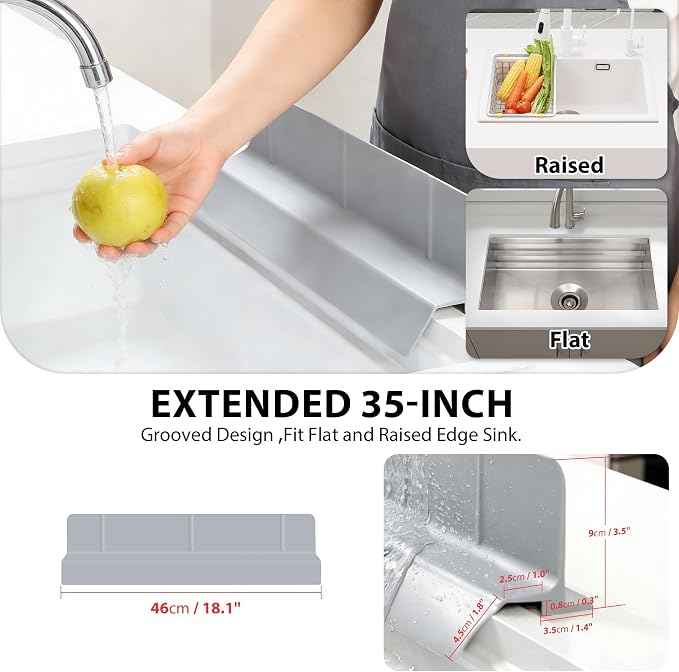 18Inch Sink Splash Guard – Extended Length & Tall Silicone Kitchen Sink Splash Guard with Overhang Drainage Design & Strong Suction Cups for Countertop (Grey, 18''x3.5'')