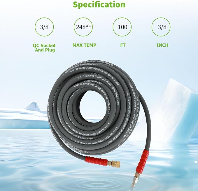 SCITOO 3/8" Pressure Washer Hose 100ft 6000psi 2-Braid Grey Hot Water Pressure Washer Hose