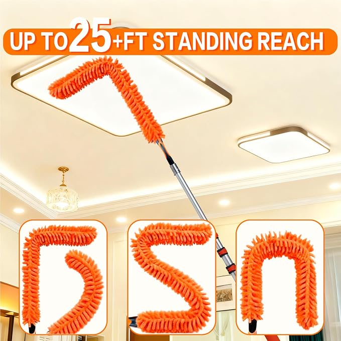 26FT High Reach Duster Cleaning Kit with 5-20 FTExtension Pole, High Ceiling Fan Cleaner Duster Tool for Fan Blades, Extendable Reusable Cobweb, Feather, Window Cleaning Squeegee Kit(20FT)