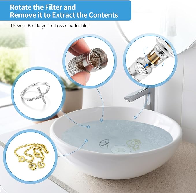 2 Pack Bathroom Sink Stopper for 1.06-1.50in, Universal Drain Filter with Hair Strainer, Universal Bathroom Sink Drain Pop Up Stopper for US Stainless Steel Floor Drain Filter
