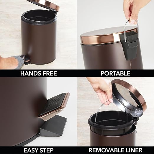 mDesign Pedal Bin - Metal Waste Bin with Pedal, Lid and Plastic Bucket Insert - Perfect for Bathroom, Kitchen, and Office - Ergonomic Design - Bronze/Rose Gold