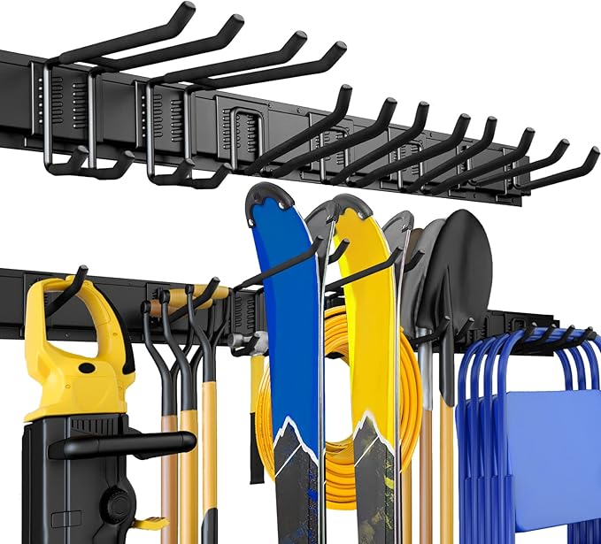 48 Inches Garage Storage, Garage Organization, Wall Mount Garden Tool Organizer, 440lbs Adjustable Heavy Duty Metal Hanging Hooks, Yard Rack Hanger System Shovel Rake Broom Ladder Holder, Men Gift