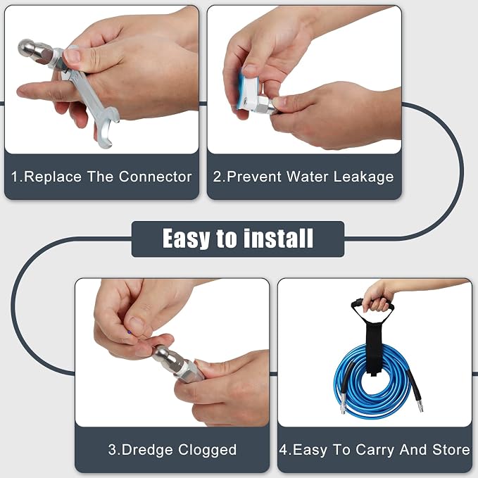 50FT Sewer Jetter Kit for Pressure Washer 5800PSI Drain Cleaner | 1/4" NPT Drain Cleaning Hose with 4 Jetting Nozzles, Handle Strap and Tools for Pressure Washer Cleaning