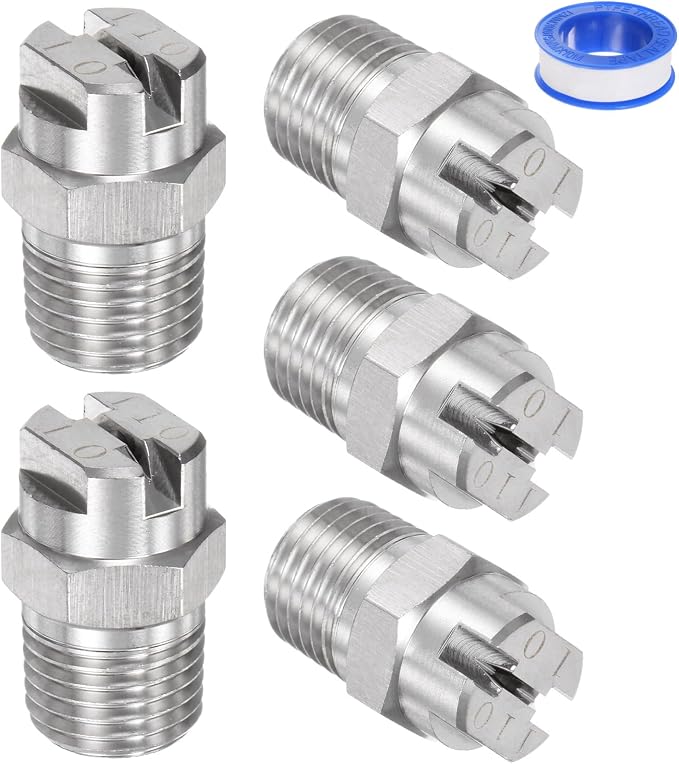 M METERXITY 5-Pack Flat Fan Spray Tip, 110 Degree 1/4BSPT Male Stainless Steel Pressure Washer Nozzles Cleaner Nozzle Replacement W Sealing Tape for Water Guns (2mm Orifice)