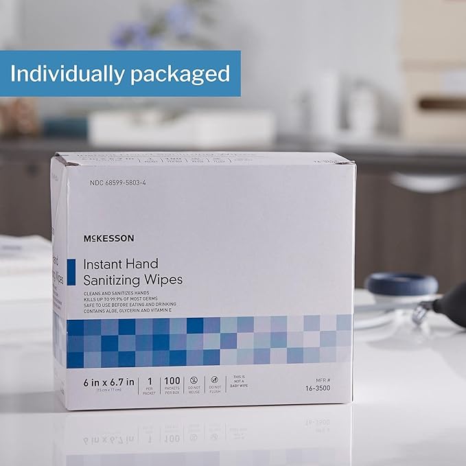 McKesson Hand Sanitizing Wipes [100 Count] Alcohol Wipes with Aloe and Vitamin E, Travel, Individually Wrapped