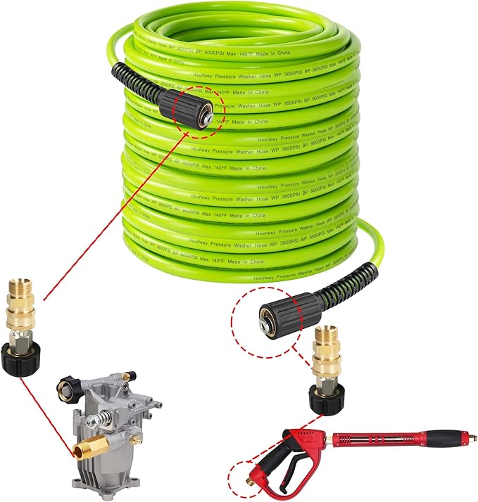 Hourleey Pressure Washer Hose 100 FT, 3600 PSI Flexible Kink Resistant Power Washer Hose Replacement, 1/4" Quick Connect Pressure Hose Extension, Green