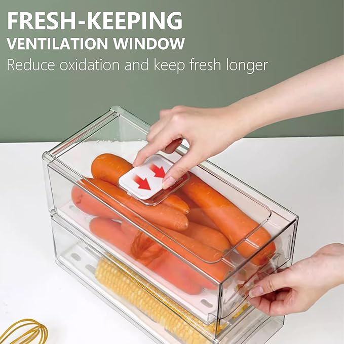 2 Pack Large Capacity Fruit Storage Containers for Fridge with Drain Board, Stackable Refrigerator Organizers Drawer,Reusable Food Storage Containers for Drinks, Meat,Vegetable,Produce,Fruit
