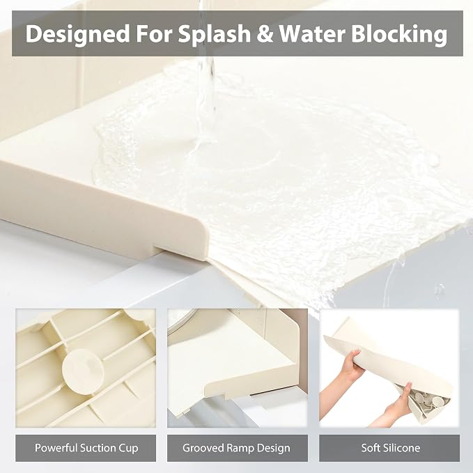 Full-Coverage Sink Splash Guard – 22.8 Inch Extra-High Ramp with Super Strong Suction Cups, Silicone Sink Splash Guard with Front-Edge Storage for Kitchen (White, 22.8''x4''x2.8'')