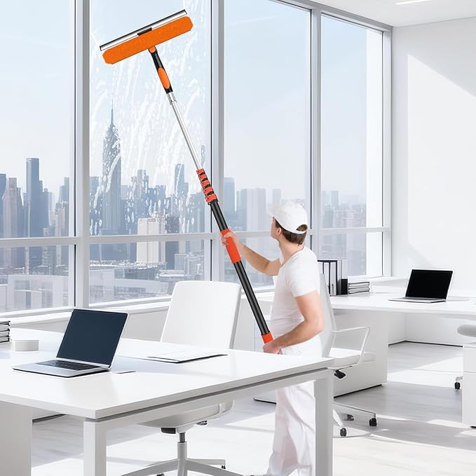 14" Extra-Wide Window Squeegee with 5-24FT Extension Pole | 30FT High Reach Window Cleaning Kit with- 2-in-1 Professional Window Scrubber, for Indoor & Outdoor High Windows,RVs