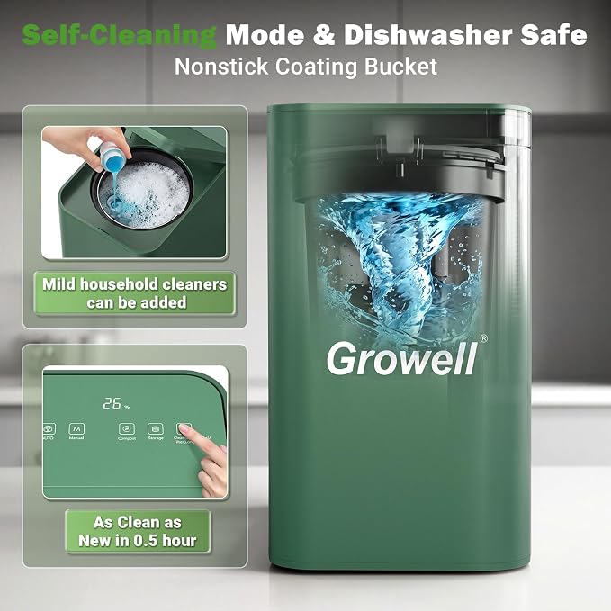 Growell 3.2L Smart Electric Composter, Countertop Food Waste Indoor Bin | Indoor Kitchen Compost,LED Display,Odorless & Low Noise,Auto-Cleaning,One-Touch Operation,Turns Waste to Fertilizer Quickly