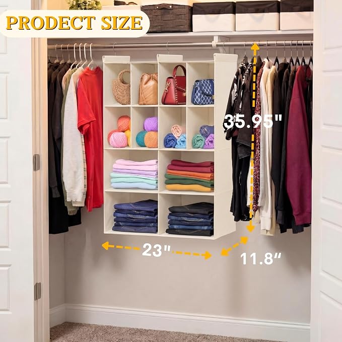 4 Tier Hanging Closet Organizer, 12 Compartments Dual Row Storage, Beige | Closet Organizers and Storage with Large & Small Cubbies, 3 Sturdy Hooks Support Heavy Loads, for Dorm, RV, Garment Rack
