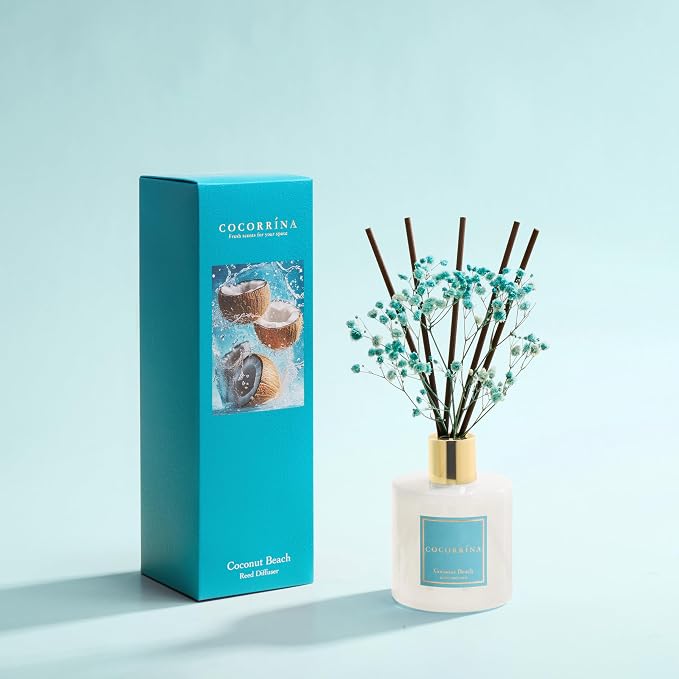 Reed Diffuser - Coconut Beach 6.7 fl oz Reed Diffuser with Sticks, Home Bedrrom Bathroom Shelf Decor