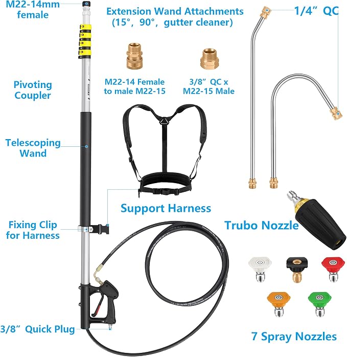 24 FT Telescoping Pressure Washer Wand Extension, Aluminum Power Washer Extension Wand with Turbo Nozzle, 5 Nozzle Tips, 2 Adapters, Harness, Gutter Cleaning Tools from The Ground
