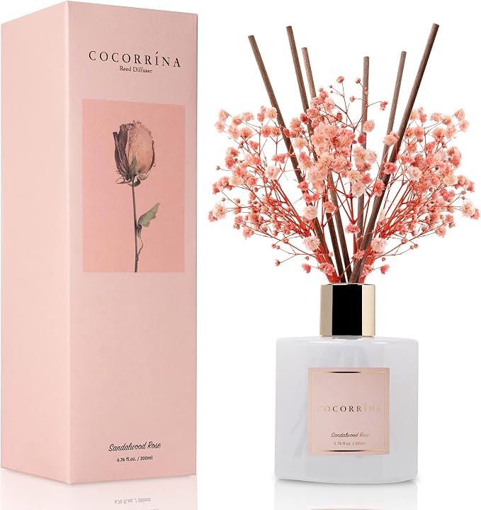 Premium Reed Diffuser Set with Preserved Baby's Breath & Cotton Stick Sandalwood Rose | 6.7oz Scent Fragrance Oil Diffuser for Bedroom Bathroom Home Décor