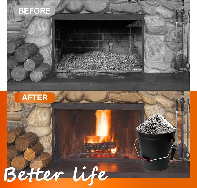 5.2 Gallon Ash Bucket with Lid and Shovel, Metal Fireplace Ash Bucket with Broom, Complete Fireplace Tools Set for Wood Stove and Fireplace
