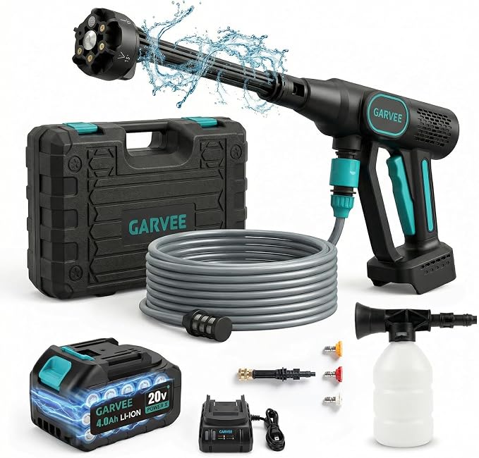Garvee 20V Cordless Pressure Washer, 4.0Ah Battery & Charger, Brushless Portable Power Washer with 6-in-1 Nozzle, 26FT Self-Priming Hose for Car Patio Garden Shower Cleaning