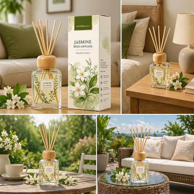 Jasmine Reed Diffuser, 3.4 Fl Oz | Floral Scent Fragrance Oil Lasts for 12 Weeks Air Fresheners for Bedroom, Bathroom, Living Room or Office; Gift-ready