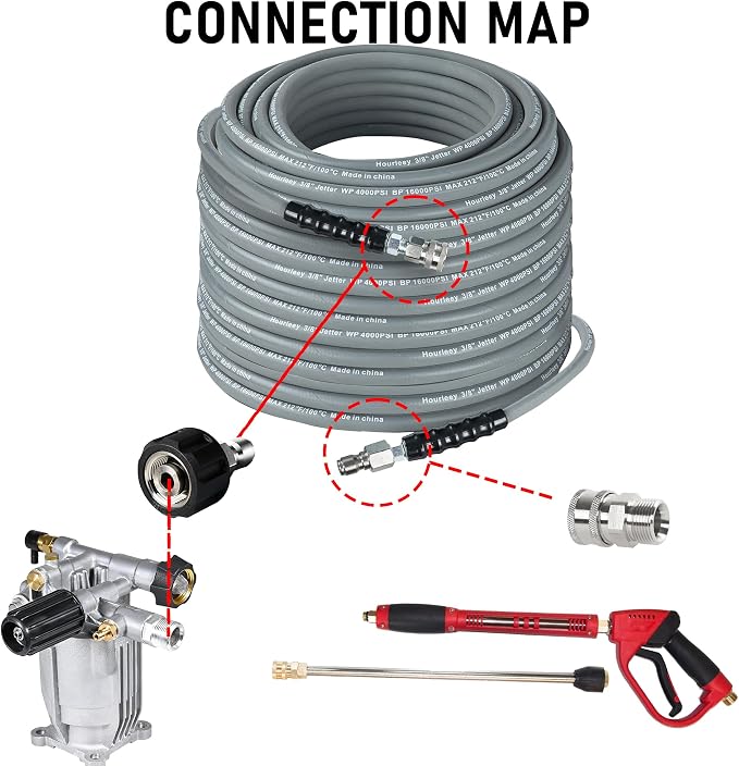 Hourleey Pressure Washer Hose 50FT, Kink Resistant High Tensile Wire Power Washer Hose, Rubber Wire Braided with 3/8" Quick Connect for Hot/Cold Water, 4000 PSI, Gray