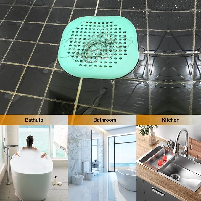 Bovinde Hair Drain Catcher,Square Cover for Shower 2 Pack (Green) | Drainer Cover Silicone Hair Stopper with Suction Cups,Protector Accessories,Easy to Install Suit for Bathroom,Bathtub,Sink