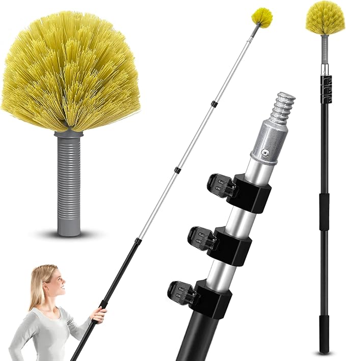 4-12Ft Cobweb Duster with 4-Stage Extension Pole for Ceiling Wall | Feather Dusters with Bristles for Outdoor Indoor, 4-Stage Spider Web Remover with Telescopic Pole for Ceiling Wall Yellow