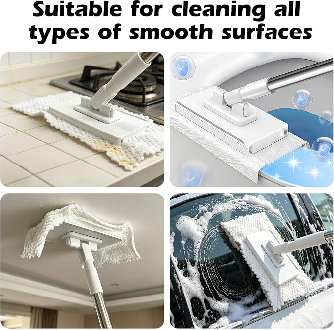 Masthome Snap Grip Mini Mop with Built-in Squeegee, Zero Touch Cloth Changing Dust Mop, 360° Swivel Head Small Mop for Walls, Bathroom Corners, Windows, Includes 1 Reusable Cloth