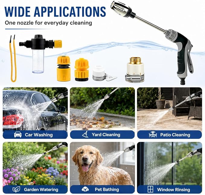 High Pressure Hose Nozzle, Jet Hose Nozzle High Pressure with Soap Dispenser, 3 Spray Modes 360° Rotating Pressure Washer Nozzle, Portable High Pressure Water Sprayer for Garden Hose, Car Patio Yard