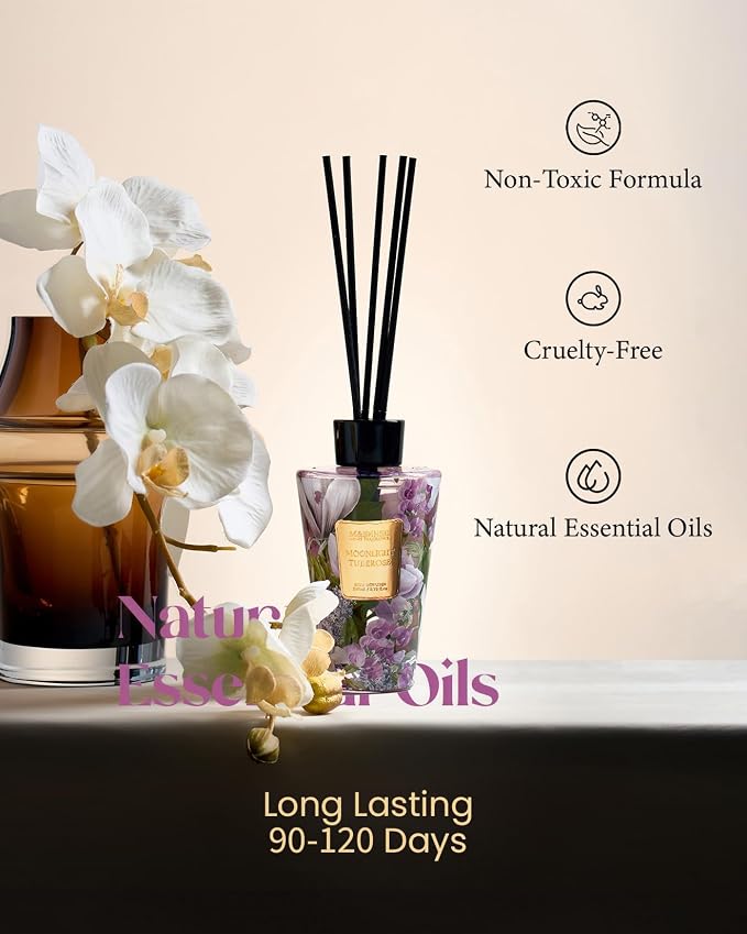 M&SENSE Reed Diffuser, Moonlight Tuberose, 8.79 oz Natural Essential Oil | Non-Toxic Organic, Long-Lasting Fragrance, Ideal for Living Room, Bedroom, Gifts for Women