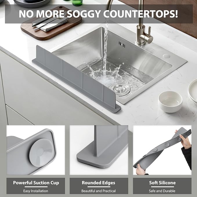 20Inch Silicone Sink Splash Guard with Strong Suction Cups, Flexible Kitchen Sink Splash Guard for Front of Sink, Easy to Clean Splash Guard for Kitchen & Bathroom (Dark Grey, 20.5''x2.8'')