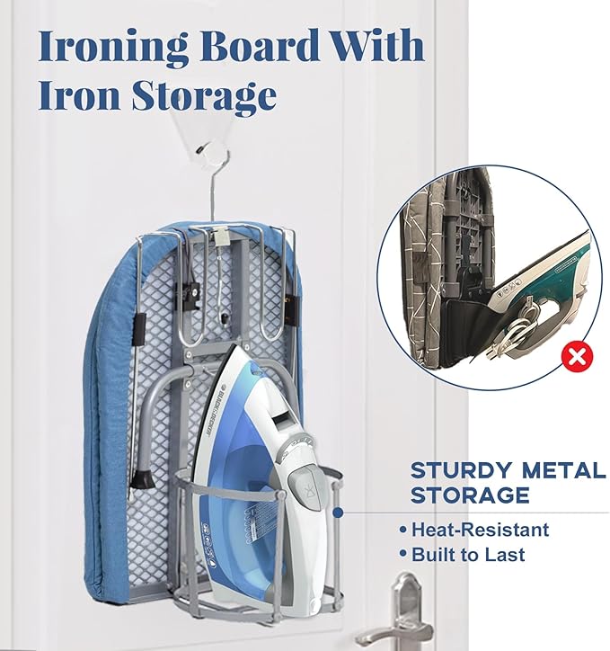 Metal Foldable Iron Board with Iron Holder, RAINHOL Small Ironing Board Tabletop with Heat Resistant Cover, 31x12 Mini Compact Ironing Table for Dorms, Aprtment, Blue
