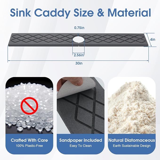 Diatomite Sink Splash Guard, Faucet Mat for Kitchen Sink 30" x 4", Super Absorbent Quick Drying Stone Mat, Faucet Splash Guard for Bathroom Counter, Matte black