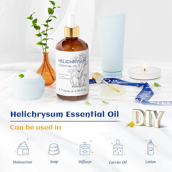 HIQILI Helichrysum Essential Oil for Skin, Massage & Aroma Diffuser | Nourishing Skin, Reducing Fine Lines & Wrinkles, Relieving Body Fatigue, DIY Floral Scent Gift –100mL / 3.38 fl oz