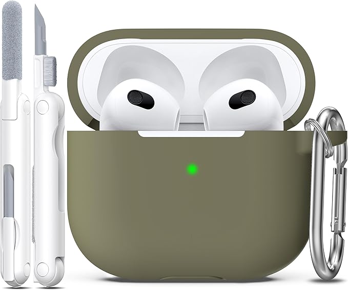 R-fun Compatible with AirPods 3 Case Cover, Silicone Protective Accessories Skin with Keychain Compatible with Apple AirPod 3rd Generation 2021 for Women Men Girls Boys,Front LED Visible,Olive Green