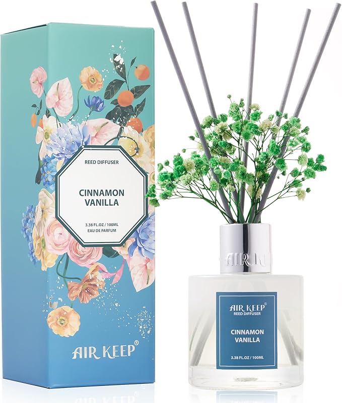 Reed Diffuser Set,3.38 fl oz (100 ml) - Cinnamon Vanilla Oil Diffusers with 8 Reed Sticks, Home Fragrance Reed Diffuser for Bathroom Shelf Decor