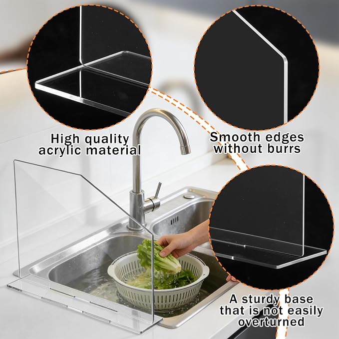 2 PCS Acrylic Sink Splash Guard Clear Splash Guard for Kitchen Sink Area 16.14 * 13.38 Inch Clear Freestanding Panel Barrier with Base