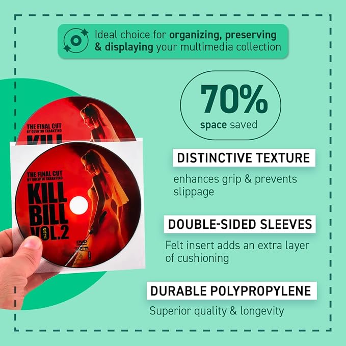 Tarifold Protective Media Sleeves with Felt, 2 Disc Storage, 100 Pack | Holds 2 CDs, DVDs or Blu-Ray discs, protective felt insert, durable polypropylene, 100 pack